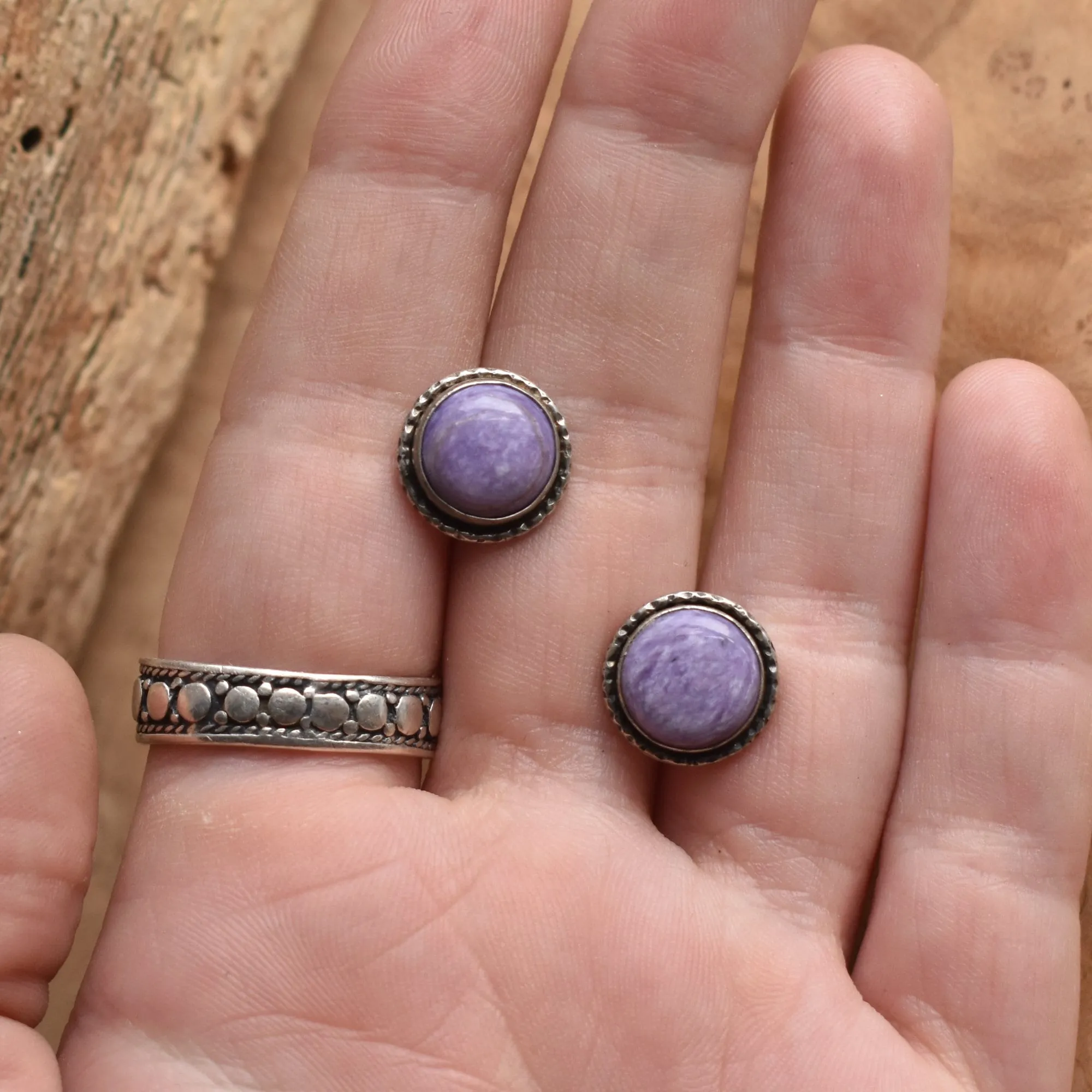 Large Purple Charoite Posts - .925 Sterling Silver - Hammered Post Earrings - Silversmith Studs