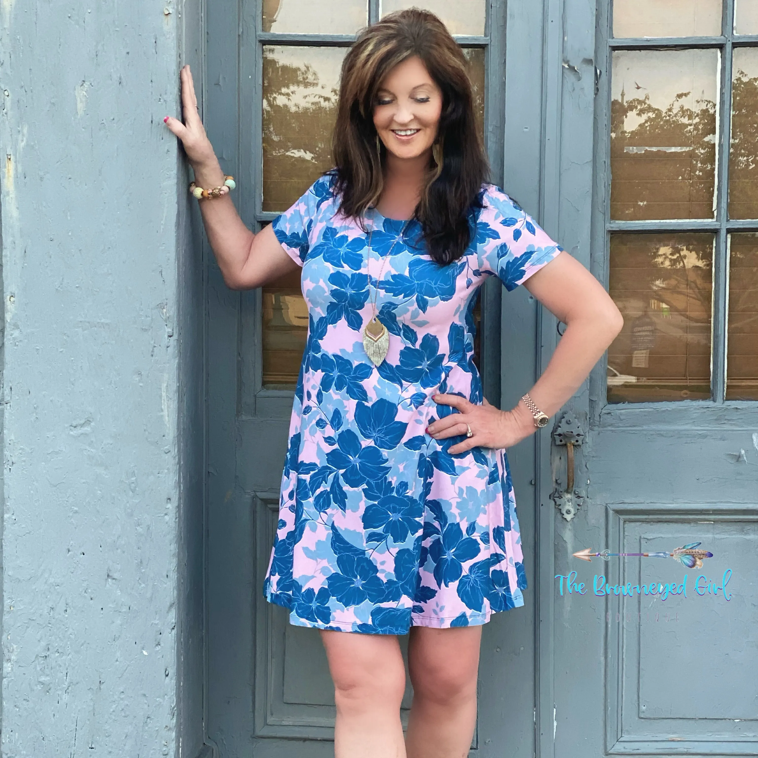 Lovely Blue Floral Short Dress