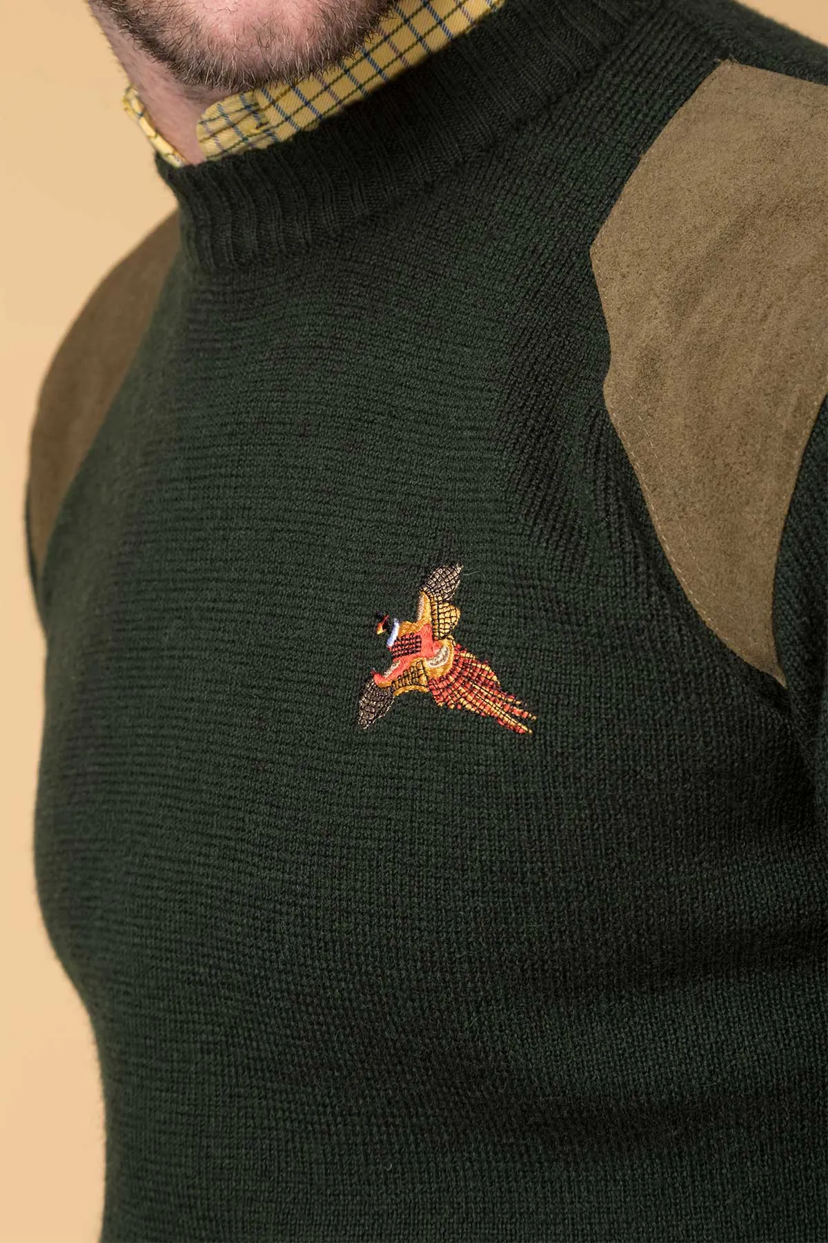 Men's 100% Wool Crew Neck Shooting Jumper With Pheasant Motif