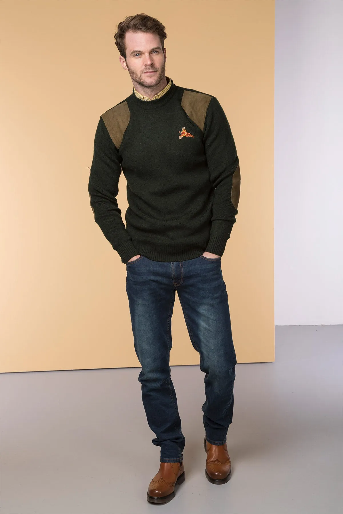 Men's 100% Wool Crew Neck Shooting Jumper With Pheasant Motif