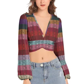 Multicolored Snakeskin lWomen's Deep V-Neck Lantern Sleeve Crop Top