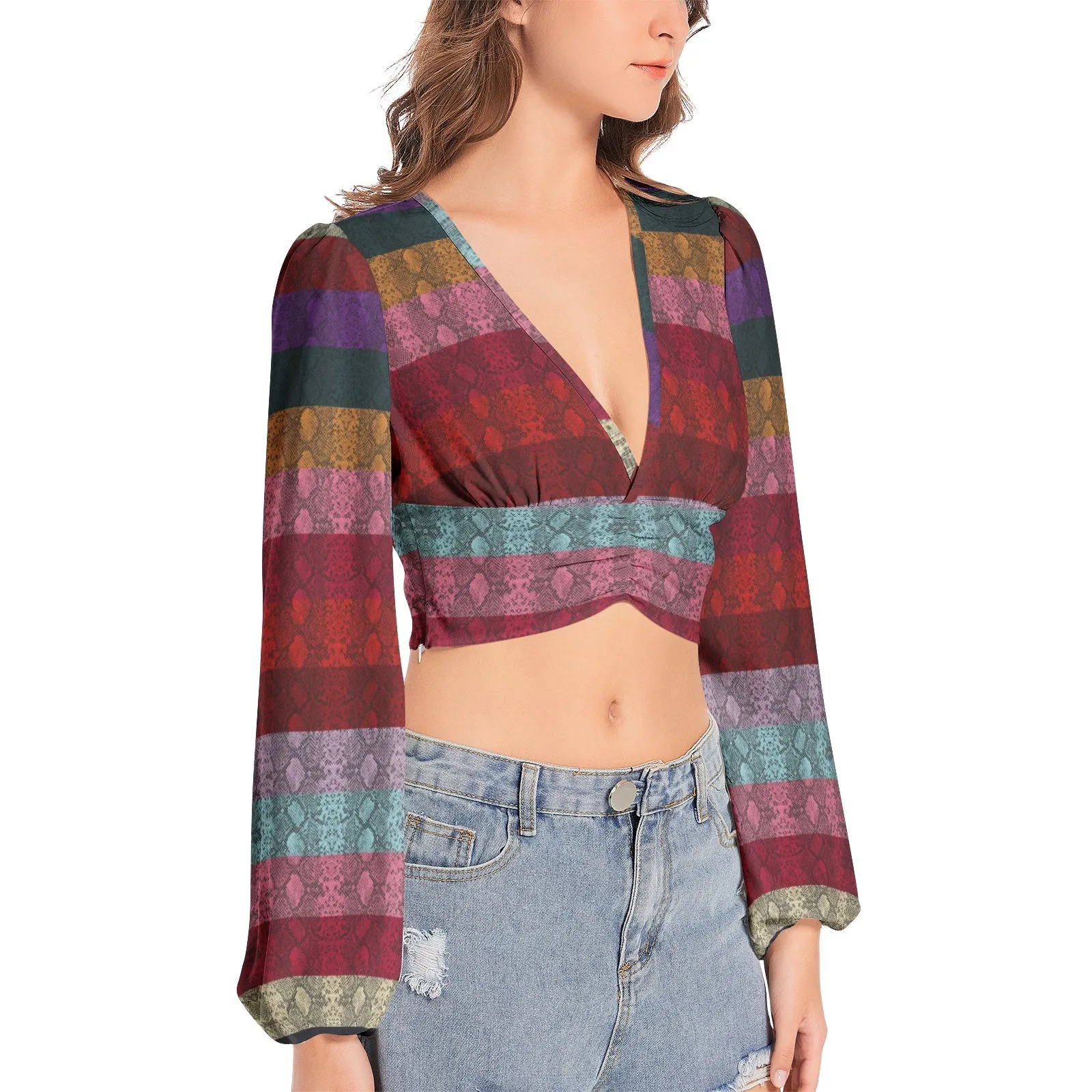 Multicolored Snakeskin lWomen's Deep V-Neck Lantern Sleeve Crop Top