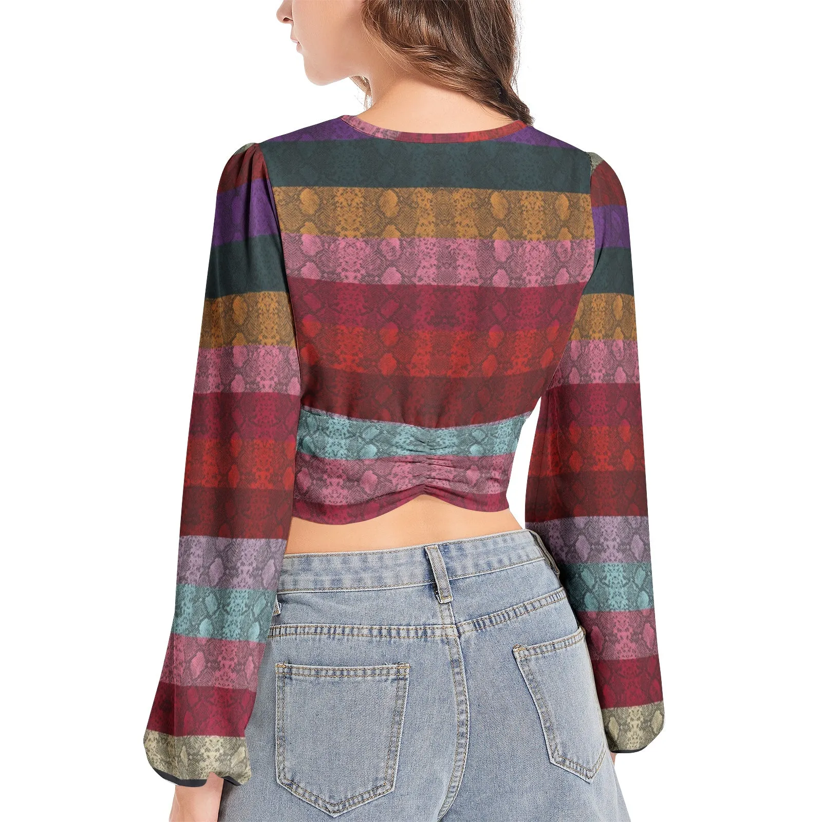 Multicolored Snakeskin lWomen's Deep V-Neck Lantern Sleeve Crop Top