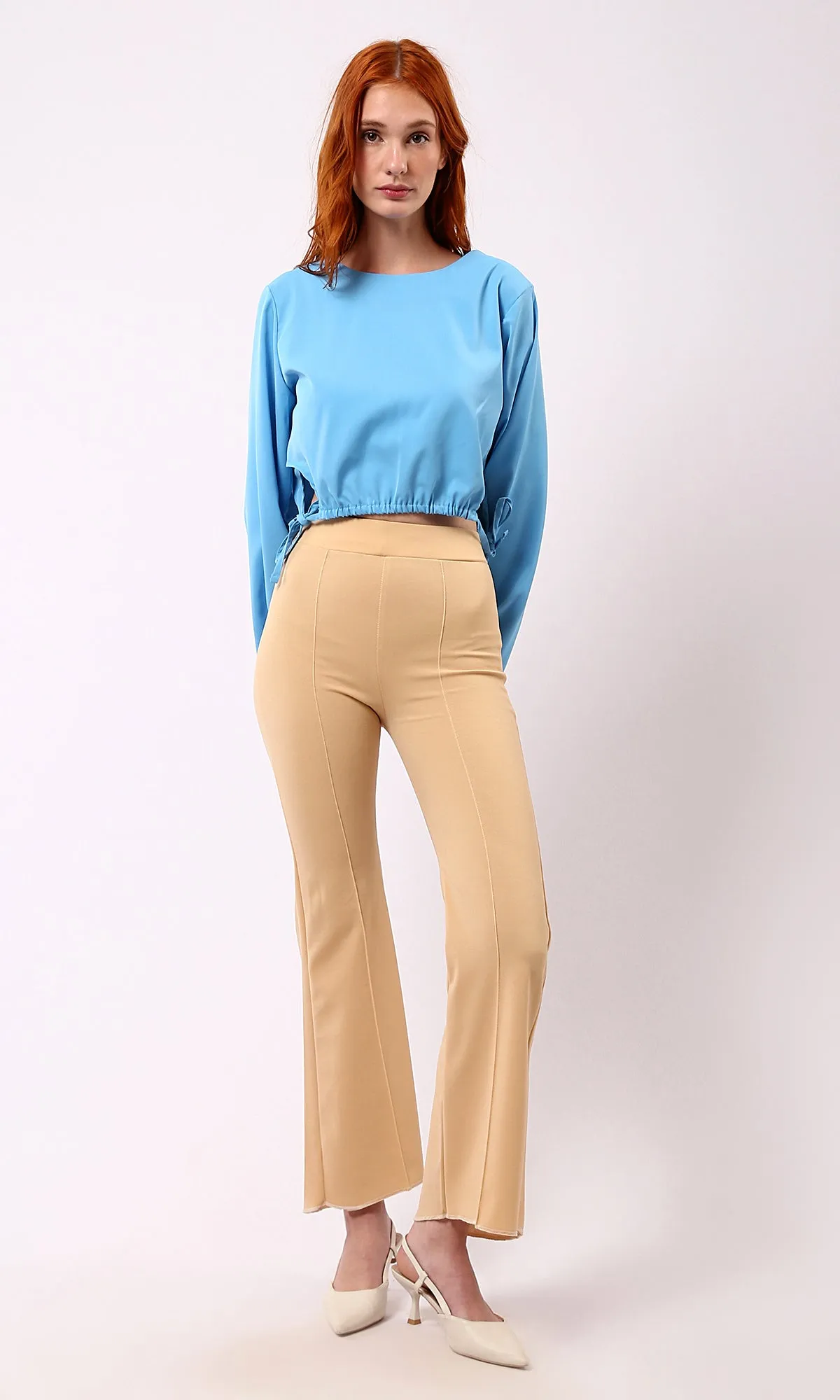 O188405 Solid Sky Blue Short Blouse With Boat Neck