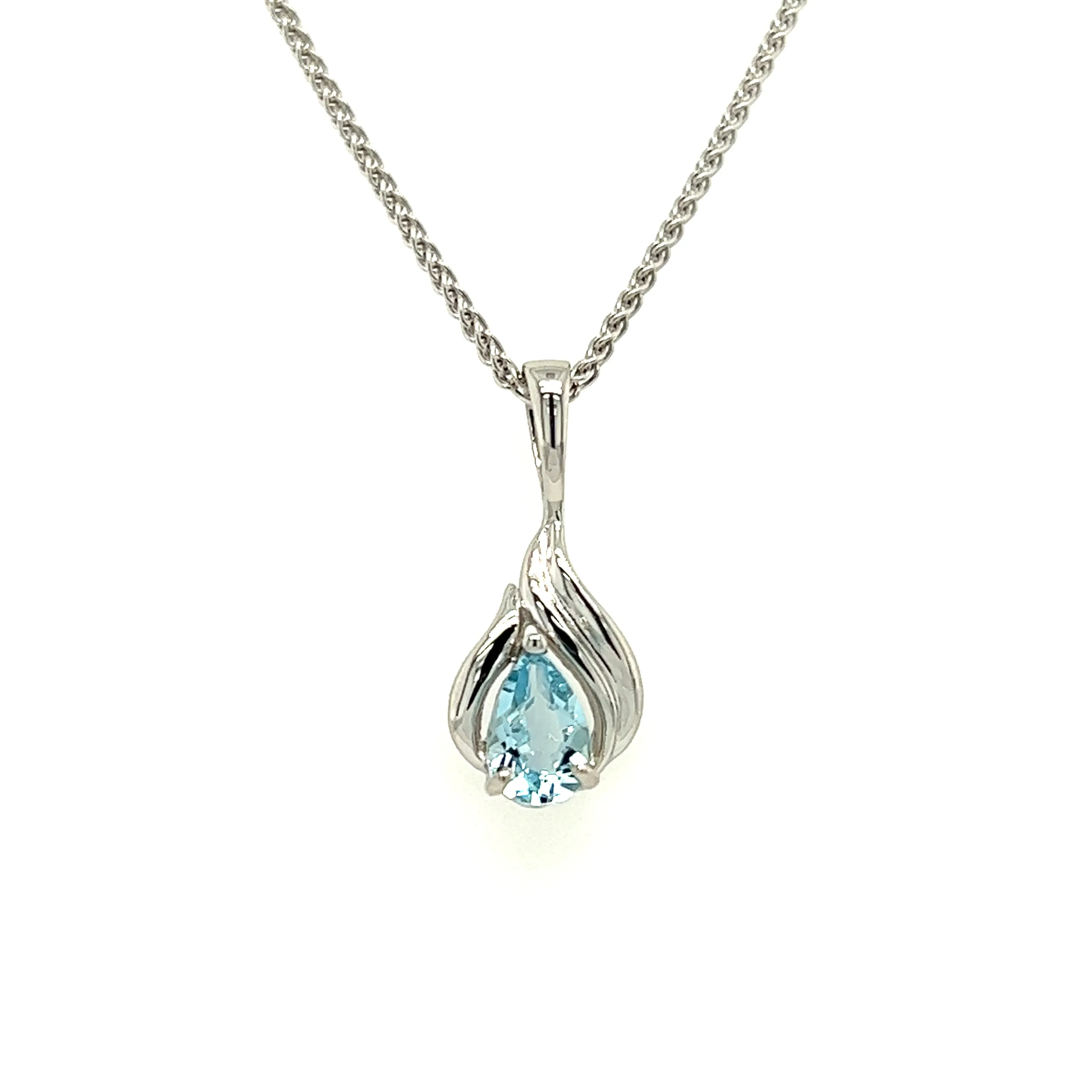 Pear Aquamarine Pendant with Flame Motif in 14K White Gold