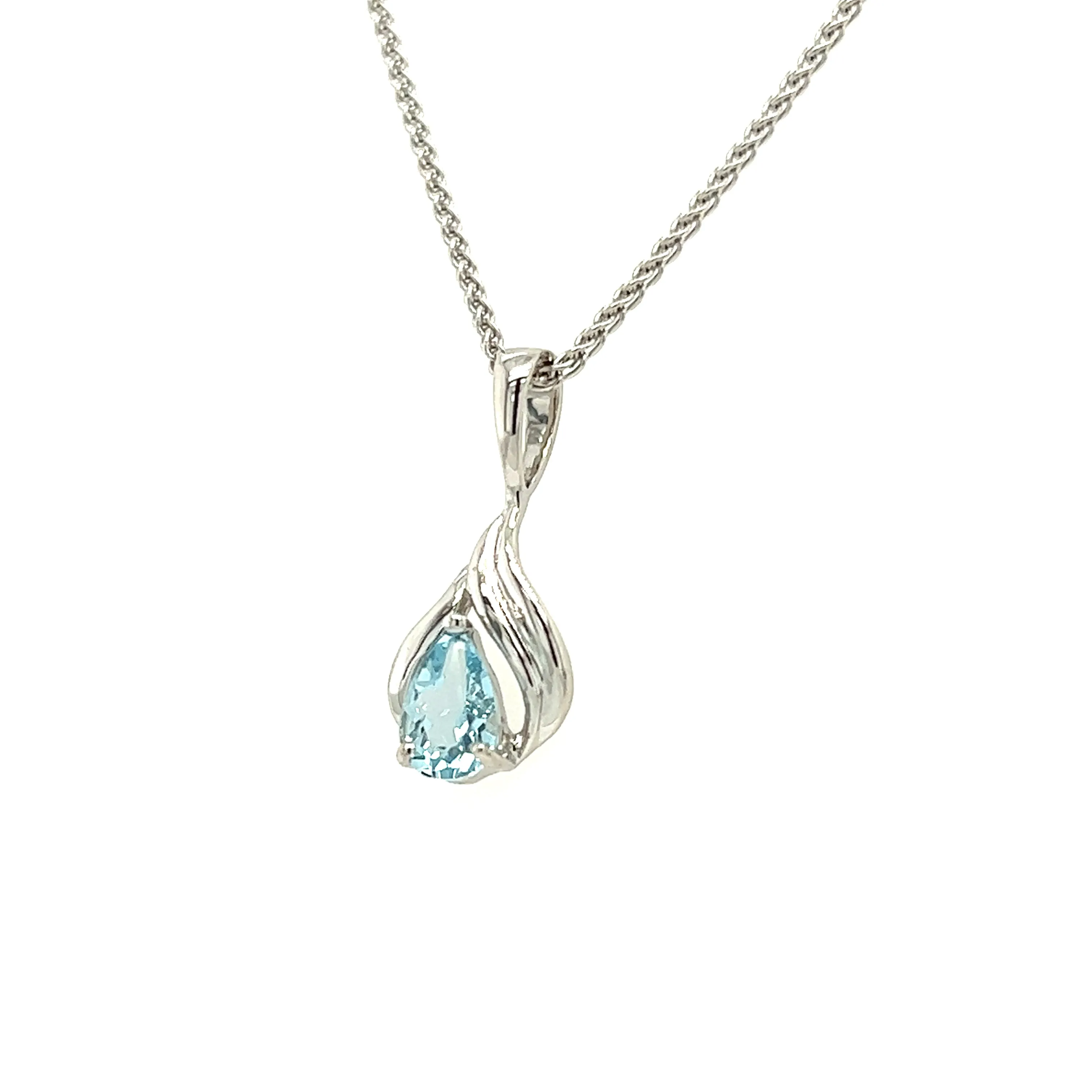 Pear Aquamarine Pendant with Flame Motif in 14K White Gold