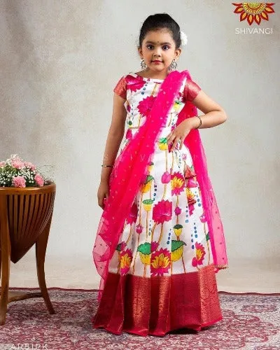 Pink & White Zari Silk Kids Lehenga Choli Set