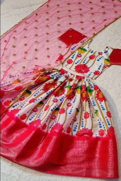 Pink & White Zari Silk Kids Lehenga Choli Set