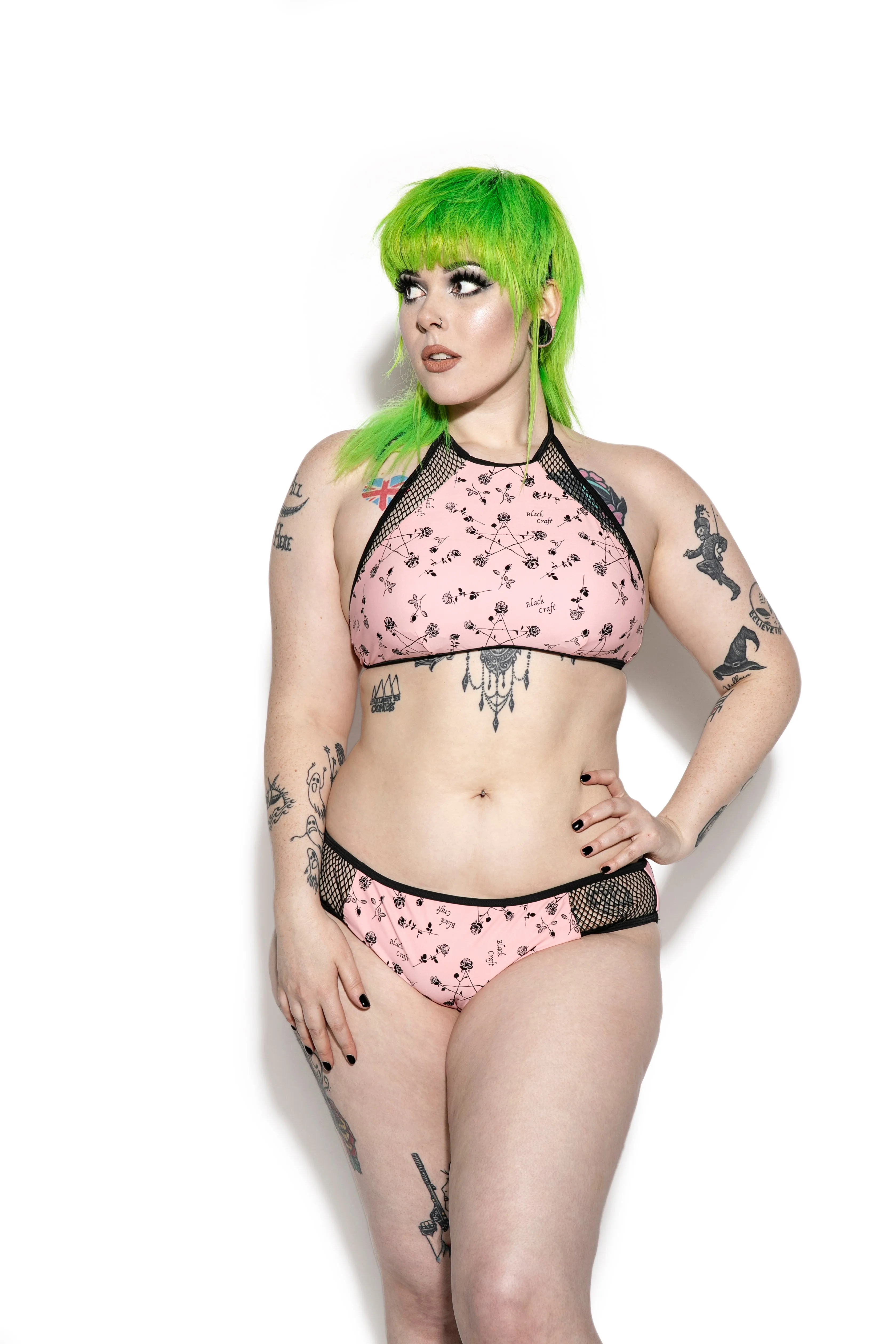 Pink Pentagram Rose Mesh Swim Top