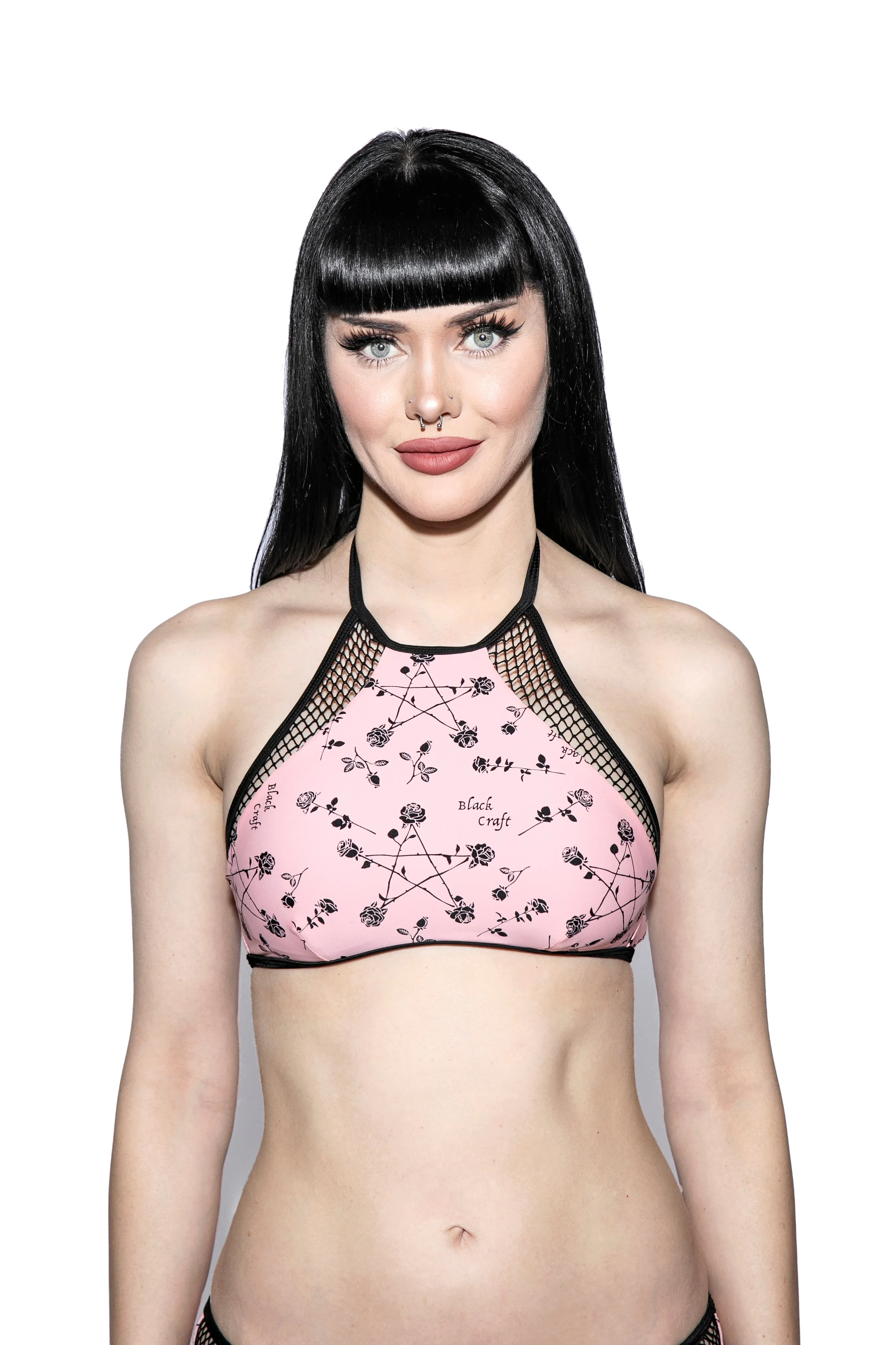 Pink Pentagram Rose Mesh Swim Top