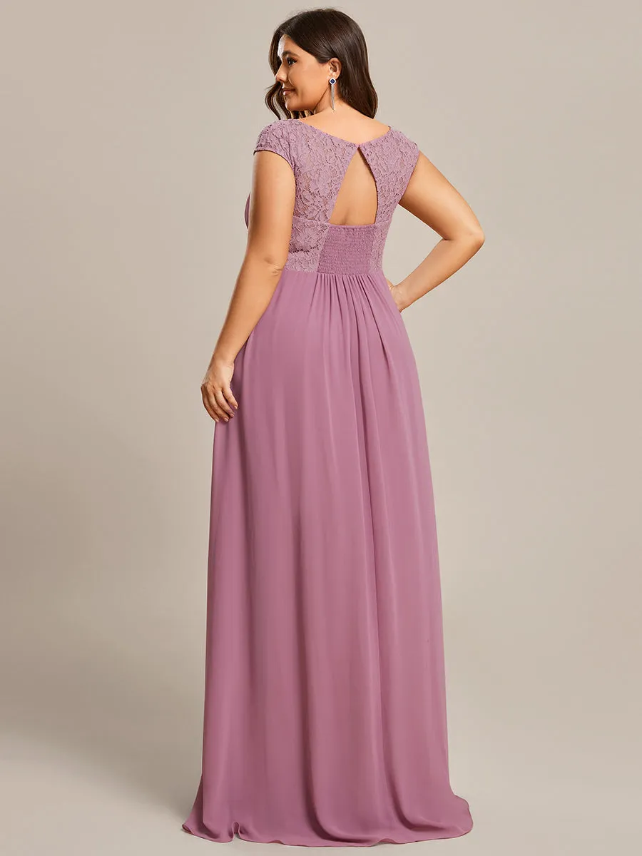 Plus Cap Sleeve A Line Wholesale Lace & Chiffon Evening Dresses