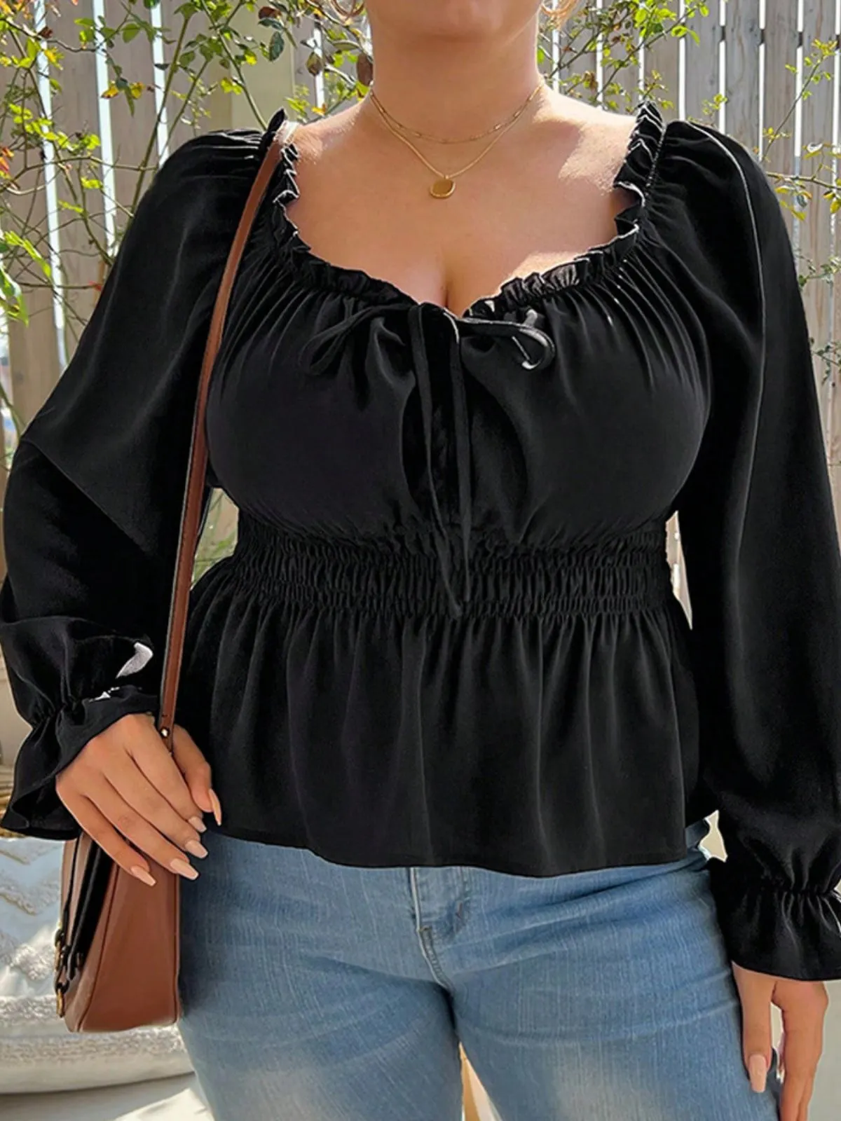 [Plus Size] Black 1950s Solid Square Neck Ruffle Blouse