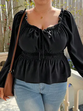 [Plus Size] Black 1950s Solid Square Neck Ruffle Blouse