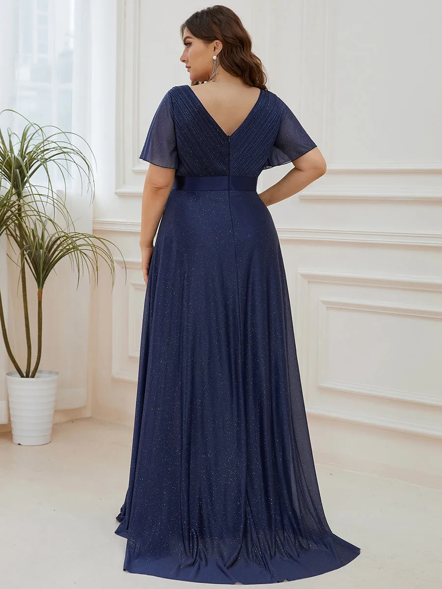 Plus Size Deep V Neck Ruffles Sleeve A Line Wholesale Evening Dresses