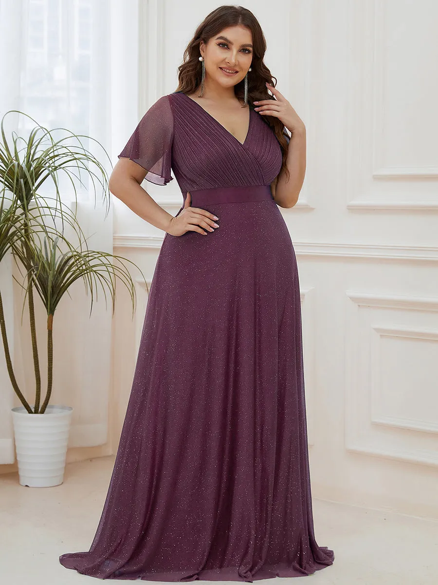 Plus Size Deep V Neck Ruffles Sleeve A Line Wholesale Evening Dresses