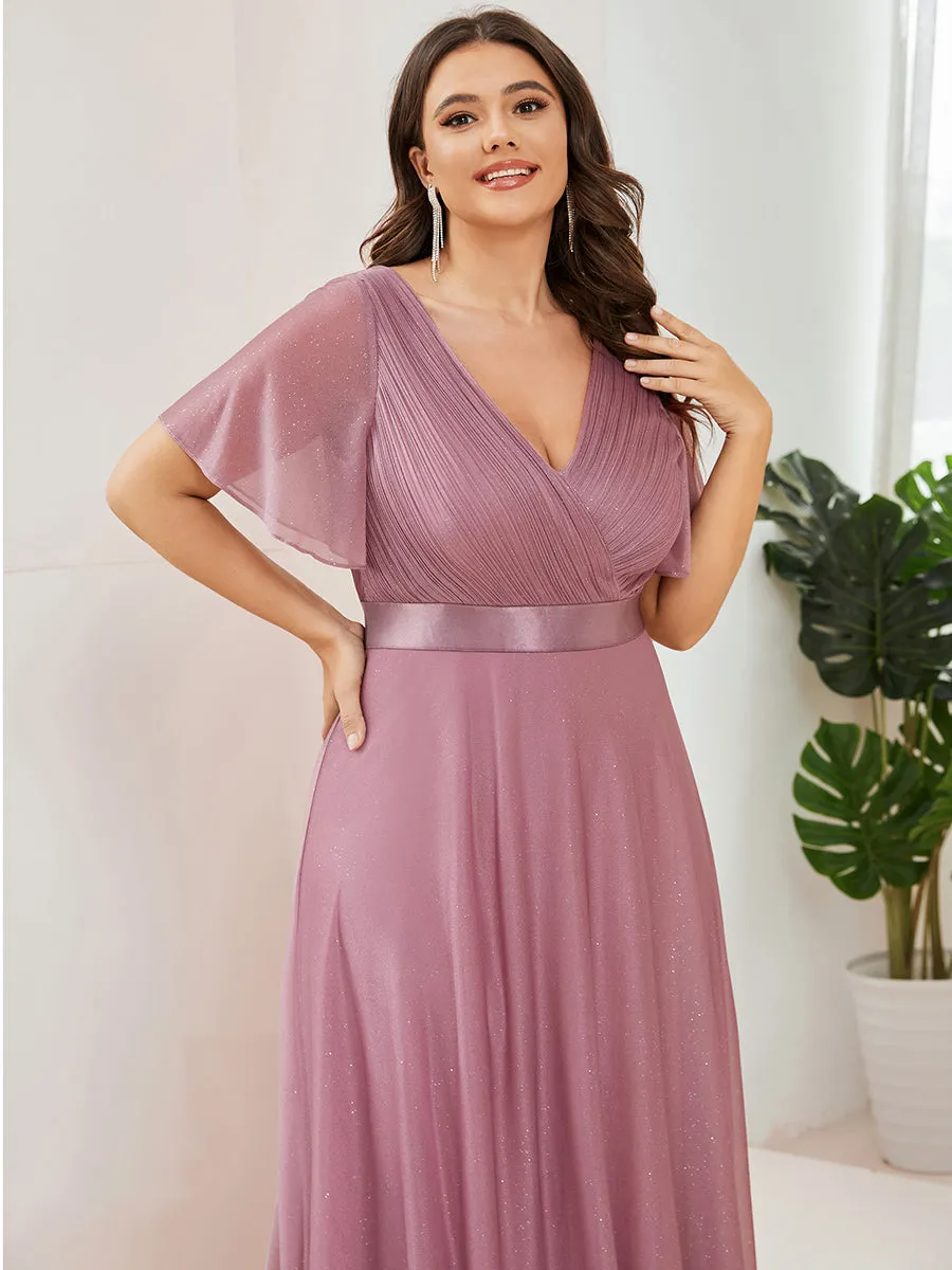 Plus Size Deep V Neck Ruffles Sleeve A Line Wholesale Evening Dresses