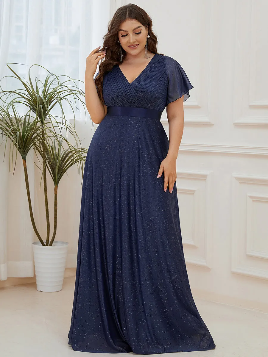 Plus Size Deep V Neck Ruffles Sleeve A Line Wholesale Evening Dresses