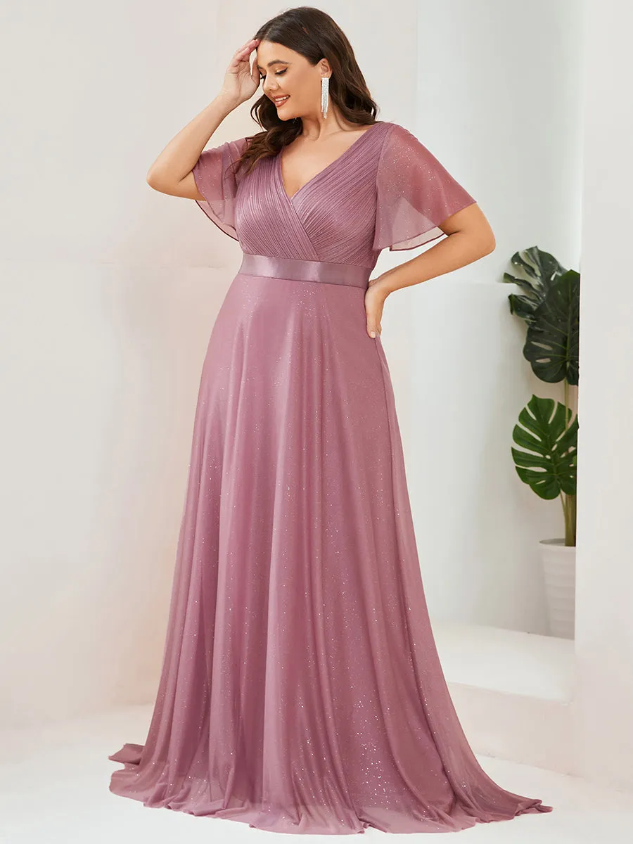 Plus Size Deep V Neck Ruffles Sleeve A Line Wholesale Evening Dresses