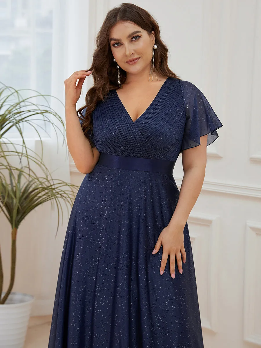 Plus Size Deep V Neck Ruffles Sleeve A Line Wholesale Evening Dresses