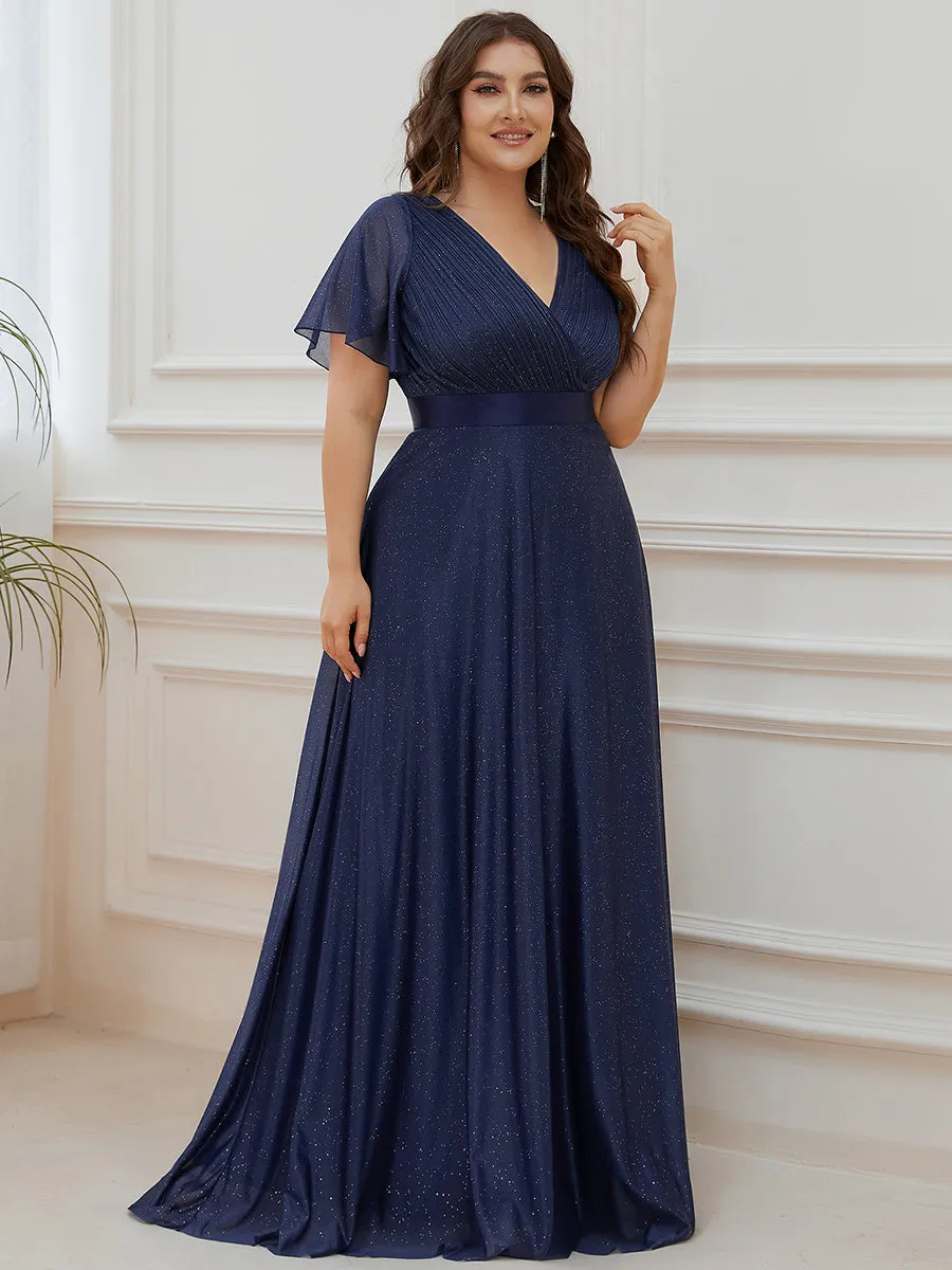 Plus Size Deep V Neck Ruffles Sleeve A Line Wholesale Evening Dresses