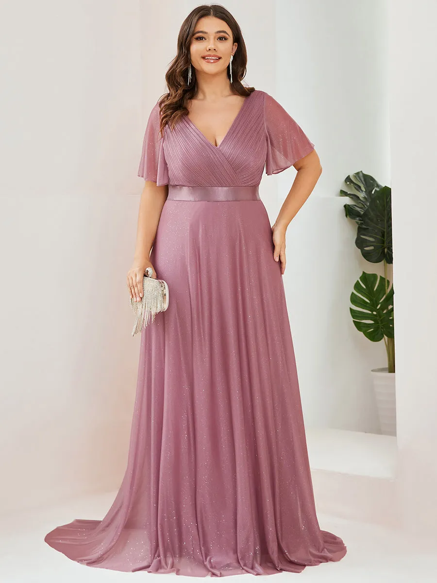 Plus Size Deep V Neck Ruffles Sleeve A Line Wholesale Evening Dresses