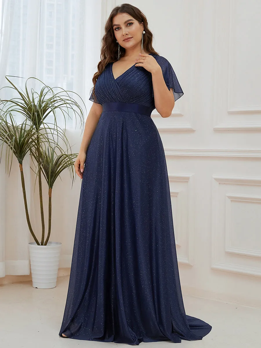 Plus Size Deep V Neck Ruffles Sleeve A Line Wholesale Evening Dresses