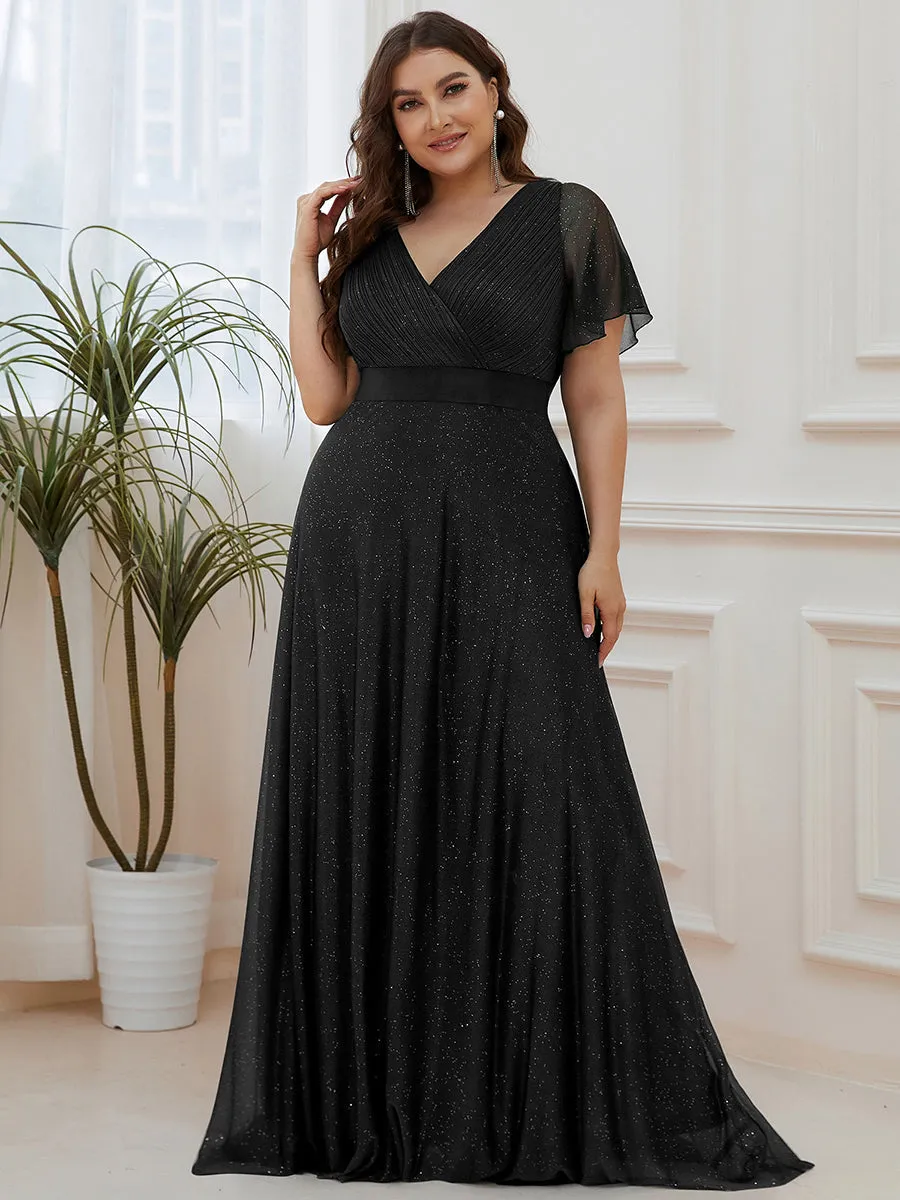 Plus Size Deep V Neck Ruffles Sleeve A Line Wholesale Evening Dresses