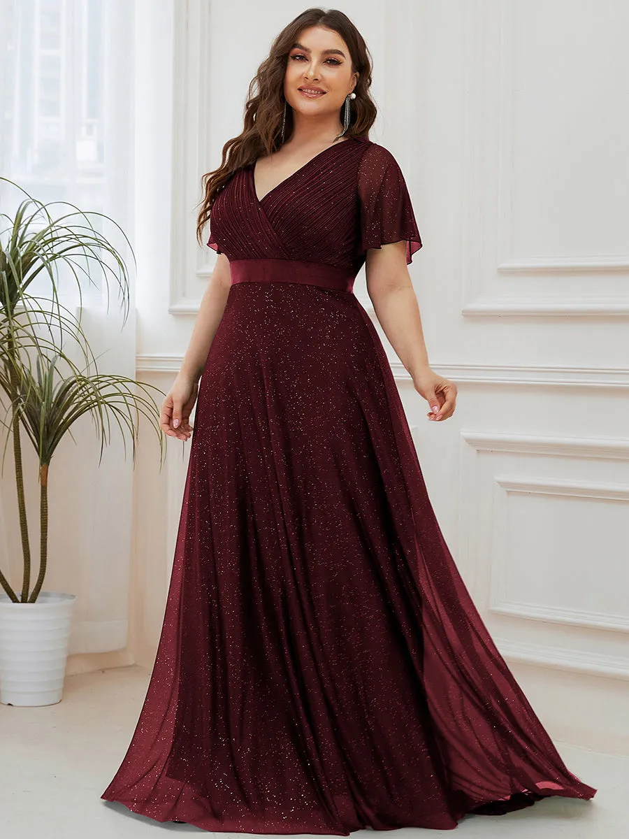 Plus Size Deep V Neck Ruffles Sleeve A Line Wholesale Evening Dresses