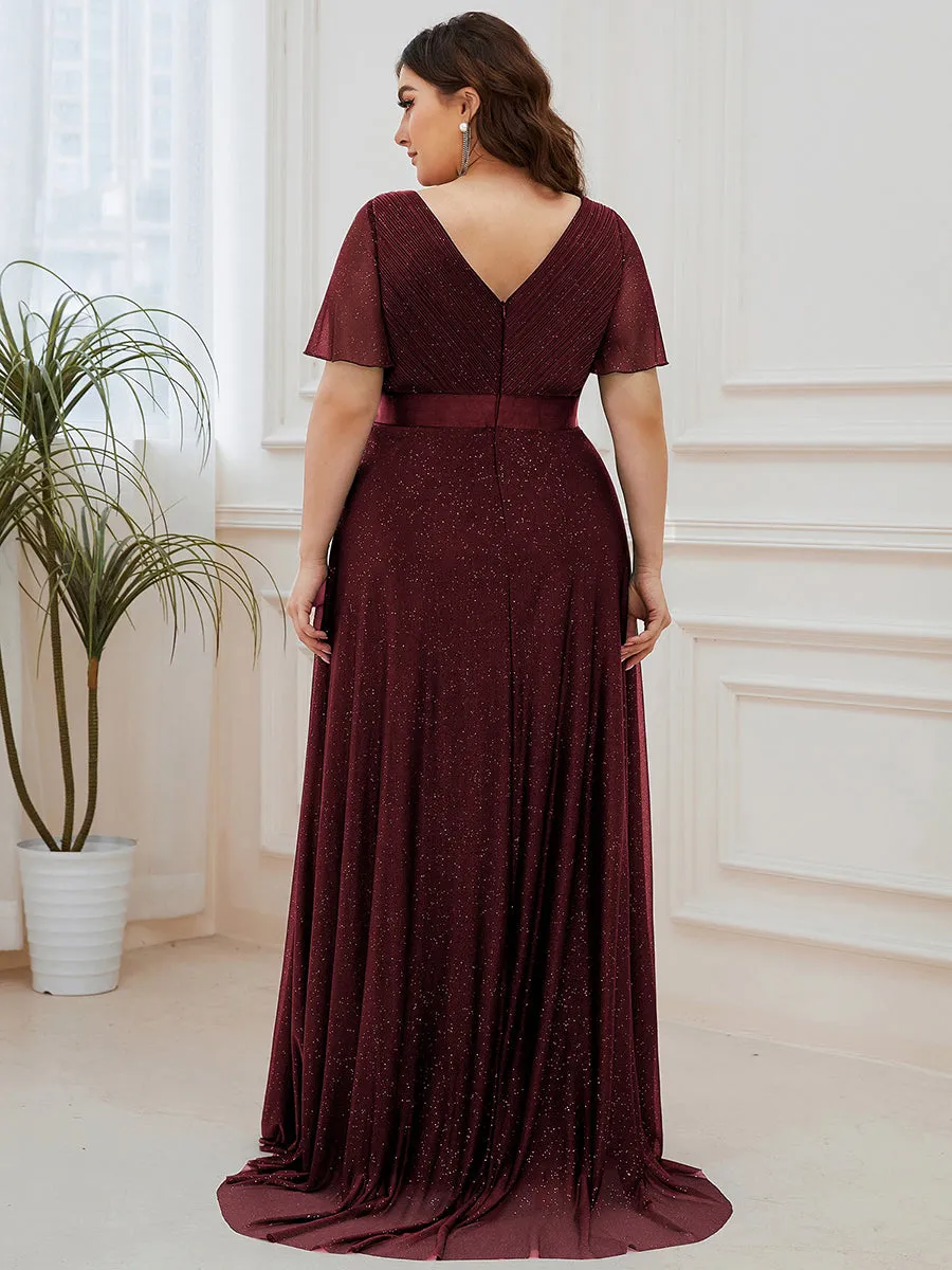 Plus Size Deep V Neck Ruffles Sleeve A Line Wholesale Evening Dresses