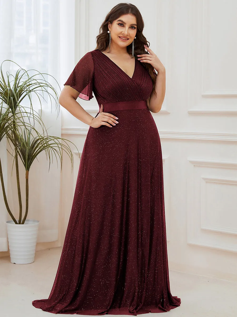 Plus Size Deep V Neck Ruffles Sleeve A Line Wholesale Evening Dresses