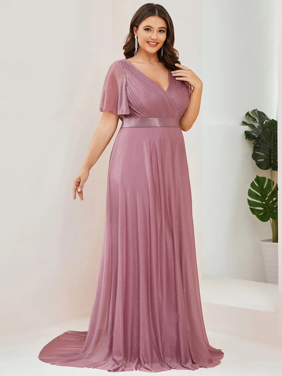 Plus Size Deep V Neck Ruffles Sleeve A Line Wholesale Evening Dresses