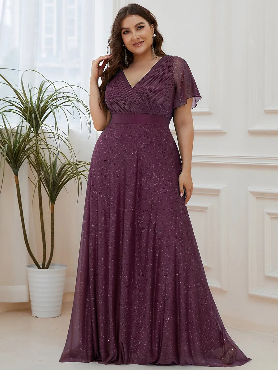 Plus Size Deep V Neck Ruffles Sleeve A Line Wholesale Evening Dresses