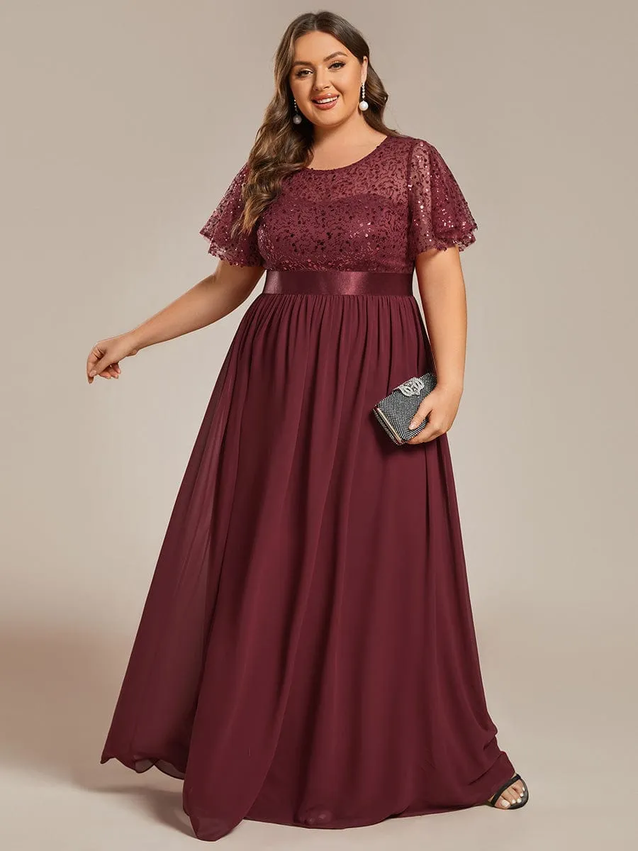 Plus Size Round-Neck Sequin High Waist Short-Sleeved Formal Evening Dress