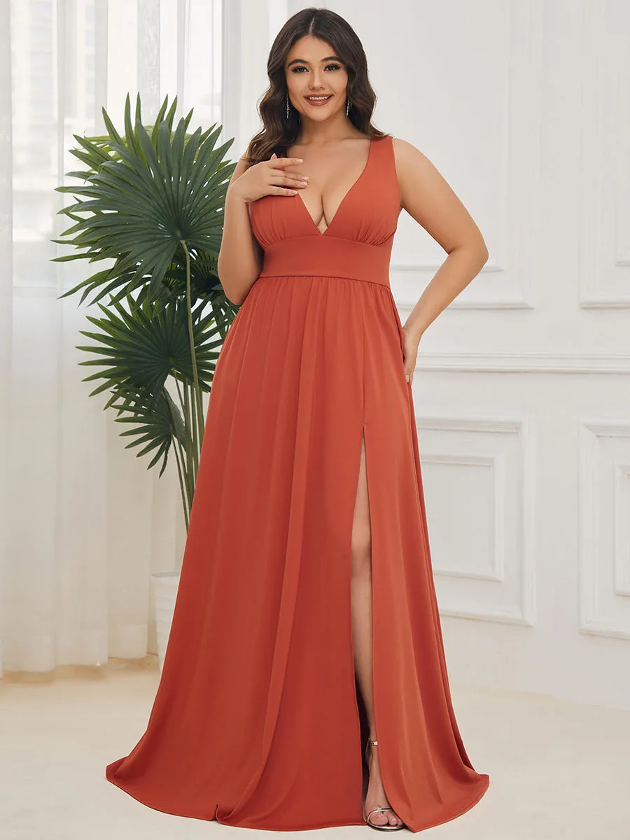 Plus Sleeveless Wholesale Bridesmaid Dresses with Deep V Neck and A Line