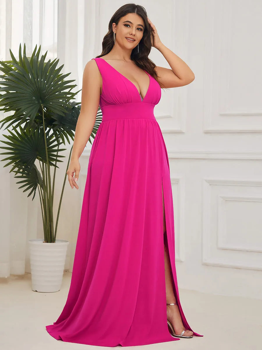 Plus Sleeveless Wholesale Bridesmaid Dresses with Deep V Neck and A Line