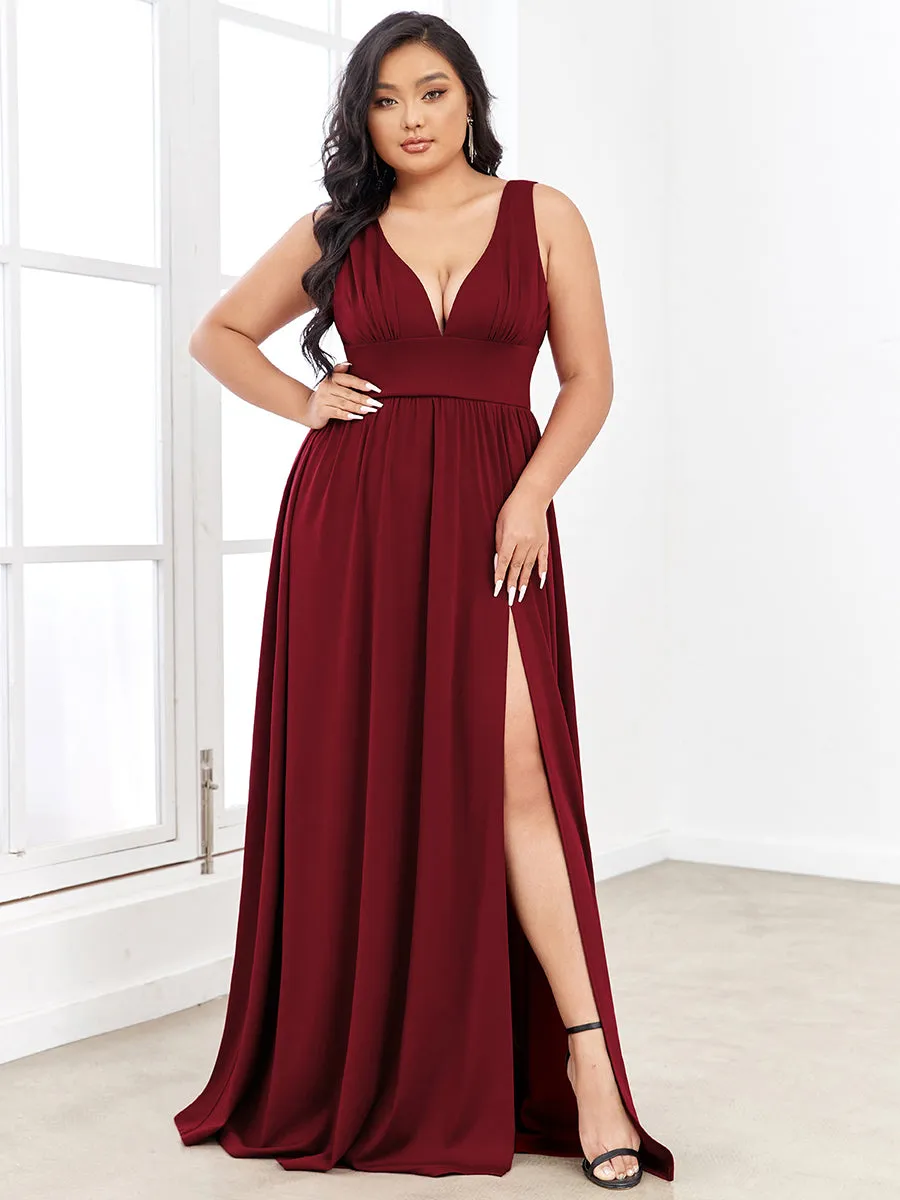 Plus Sleeveless Wholesale Bridesmaid Dresses with Deep V Neck and A Line