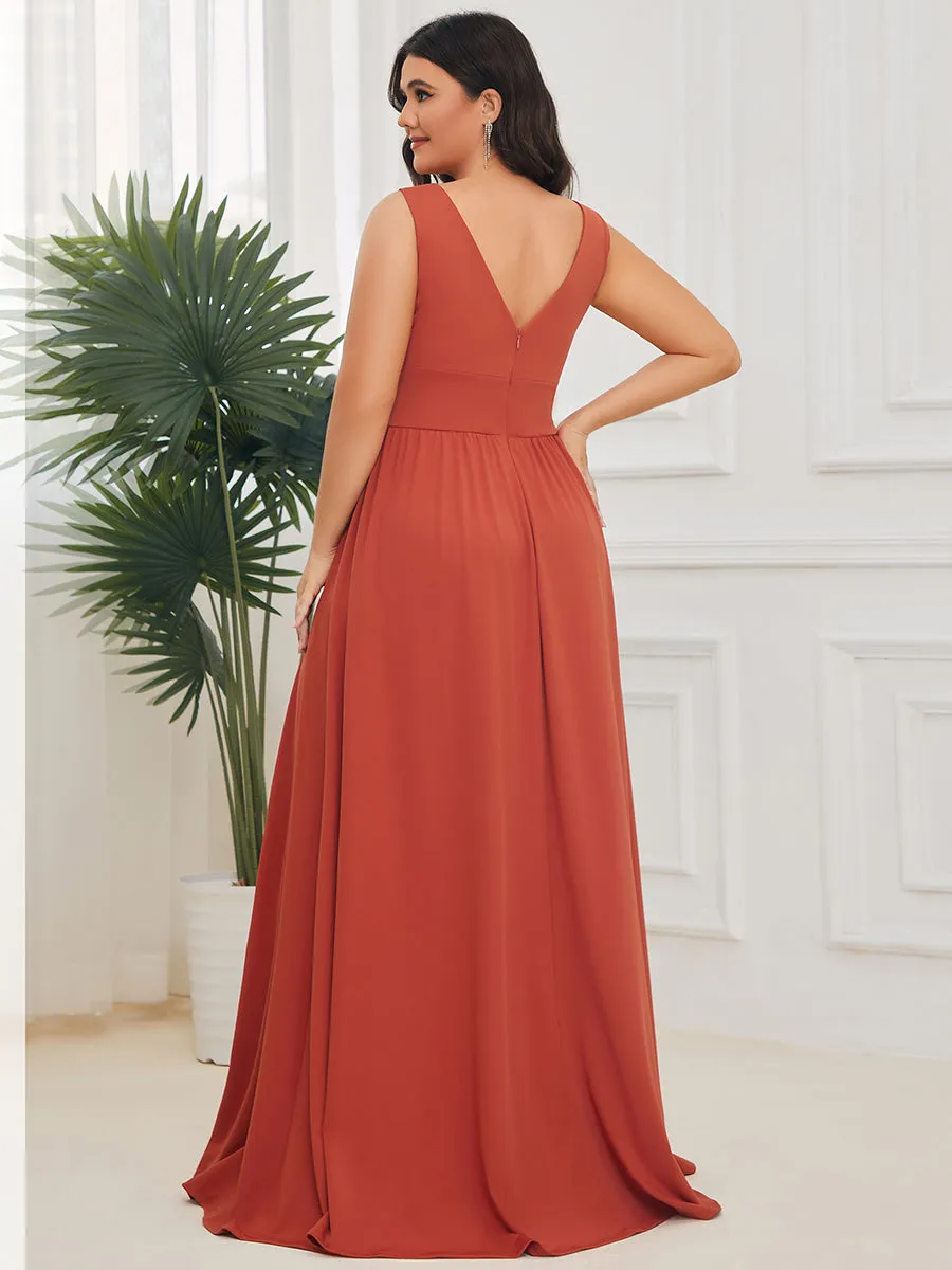 Plus Sleeveless Wholesale Bridesmaid Dresses with Deep V Neck and A Line