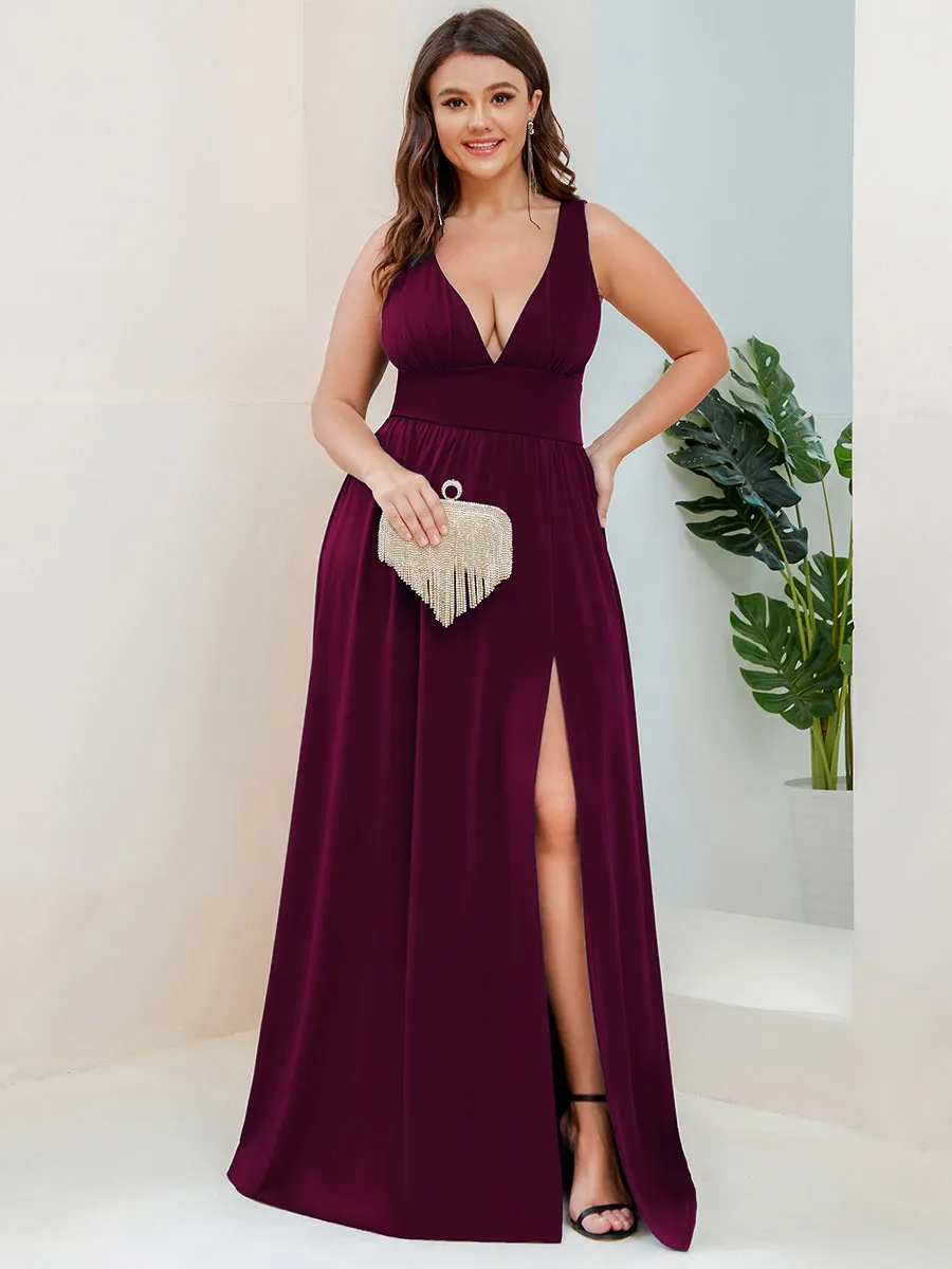 Plus Sleeveless Wholesale Bridesmaid Dresses with Deep V Neck and A Line