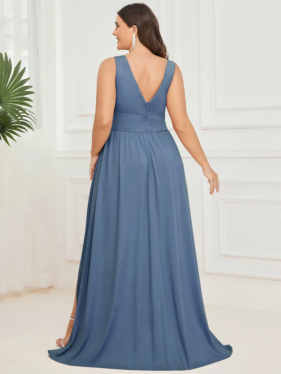 Plus Sleeveless Wholesale Bridesmaid Dresses with Deep V Neck and A Line