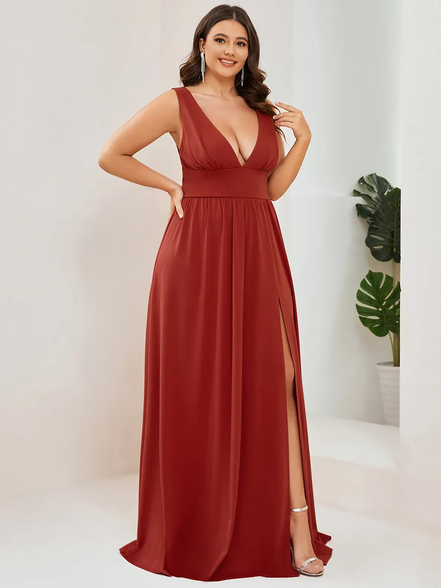 Plus Sleeveless Wholesale Bridesmaid Dresses with Deep V Neck and A Line