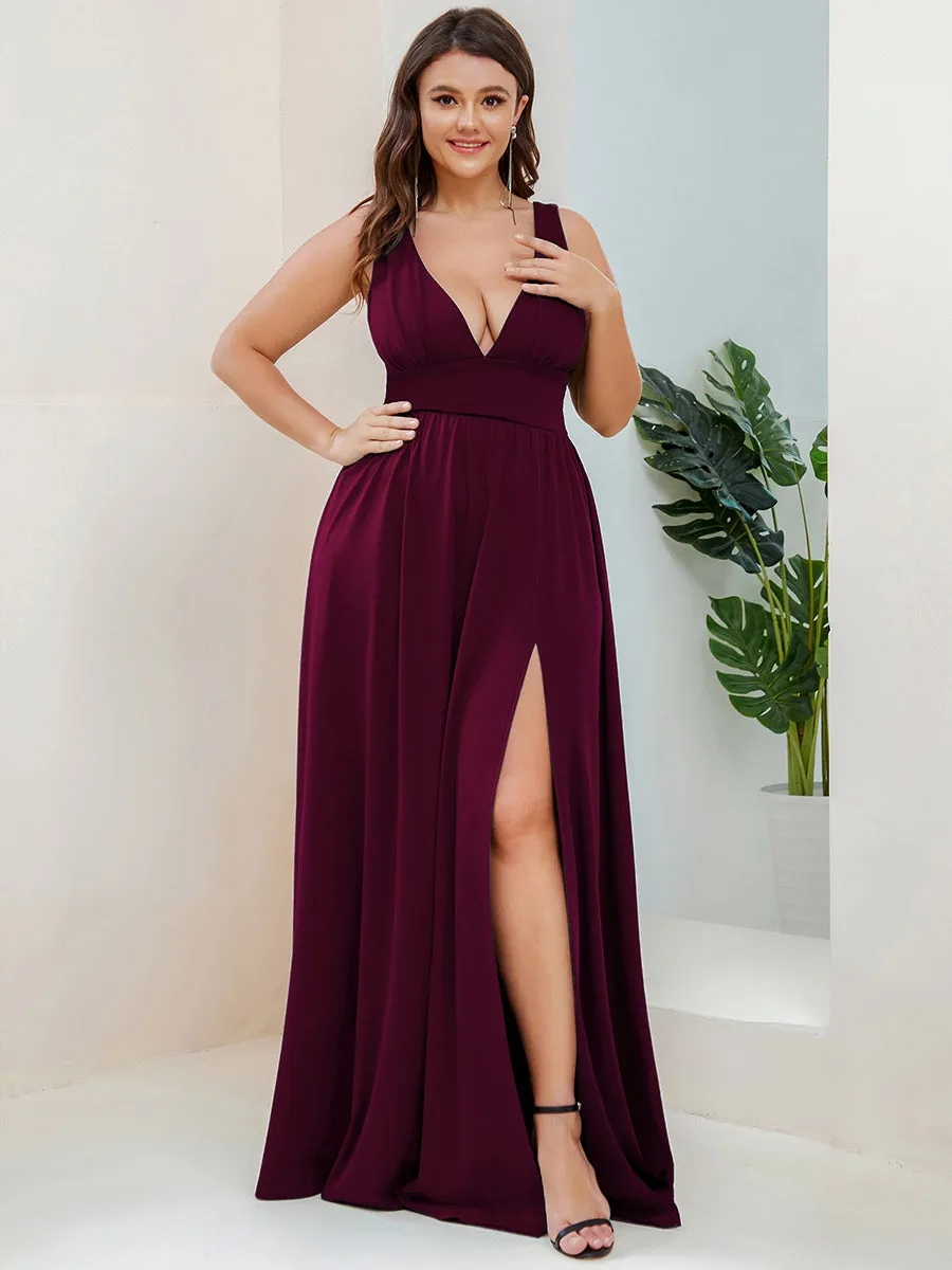 Plus Sleeveless Wholesale Bridesmaid Dresses with Deep V Neck and A Line