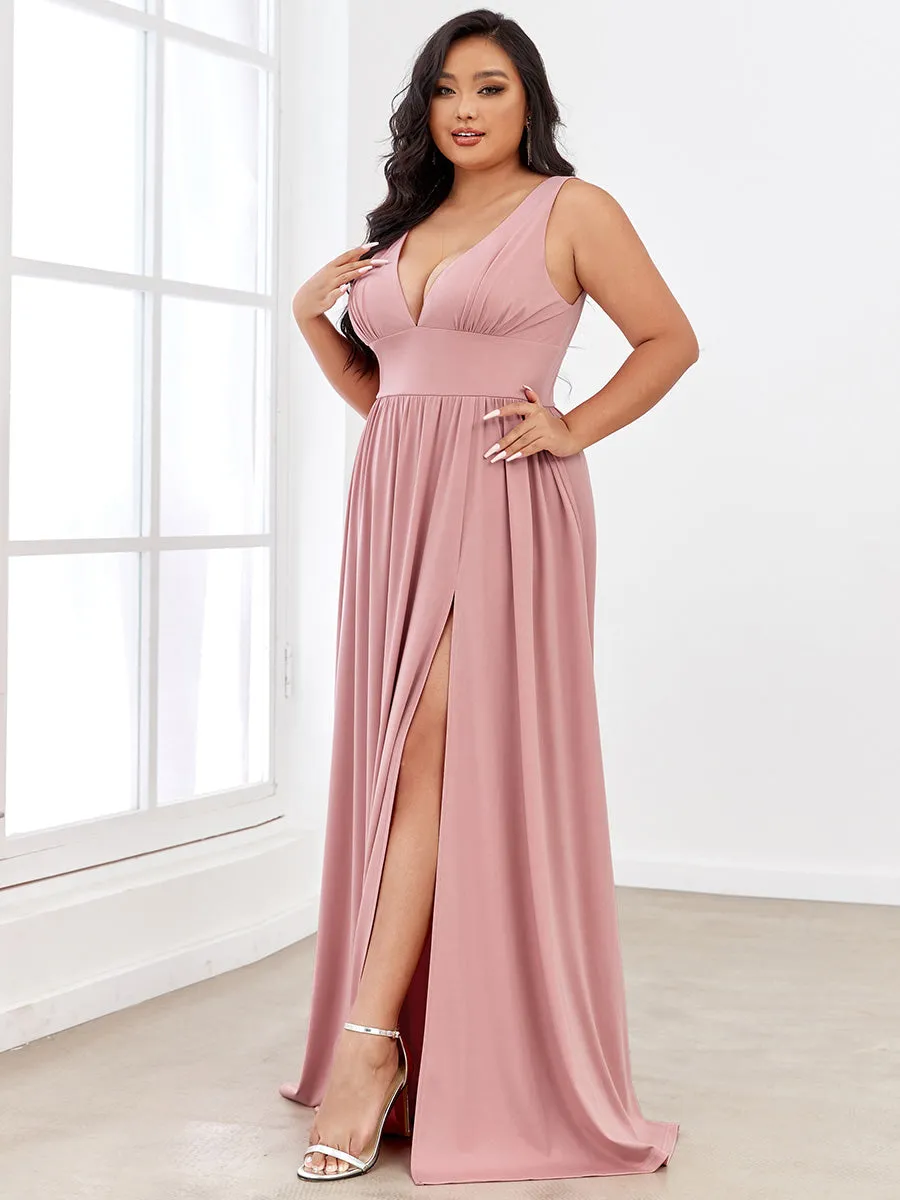 Plus Sleeveless Wholesale Bridesmaid Dresses with Deep V Neck and A Line