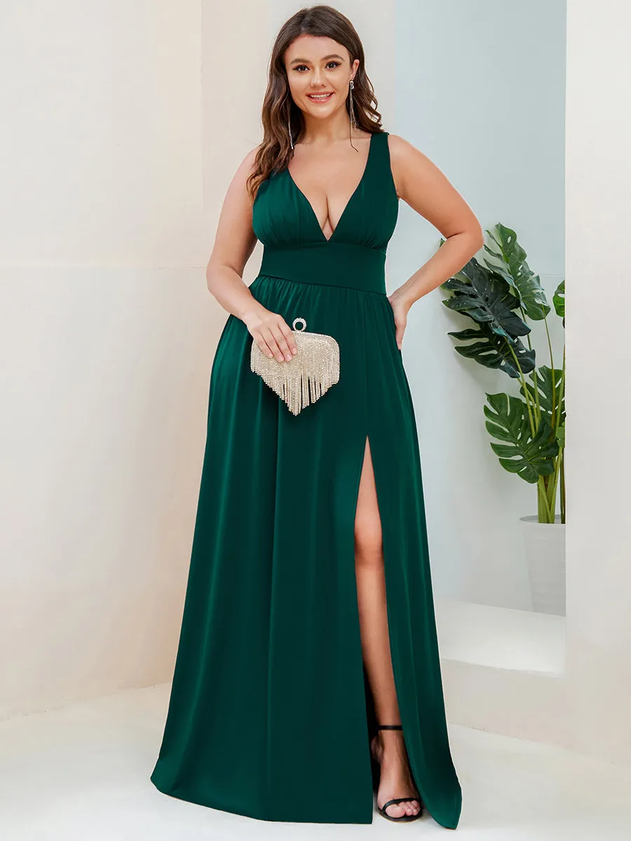 Plus Sleeveless Wholesale Bridesmaid Dresses with Deep V Neck and A Line