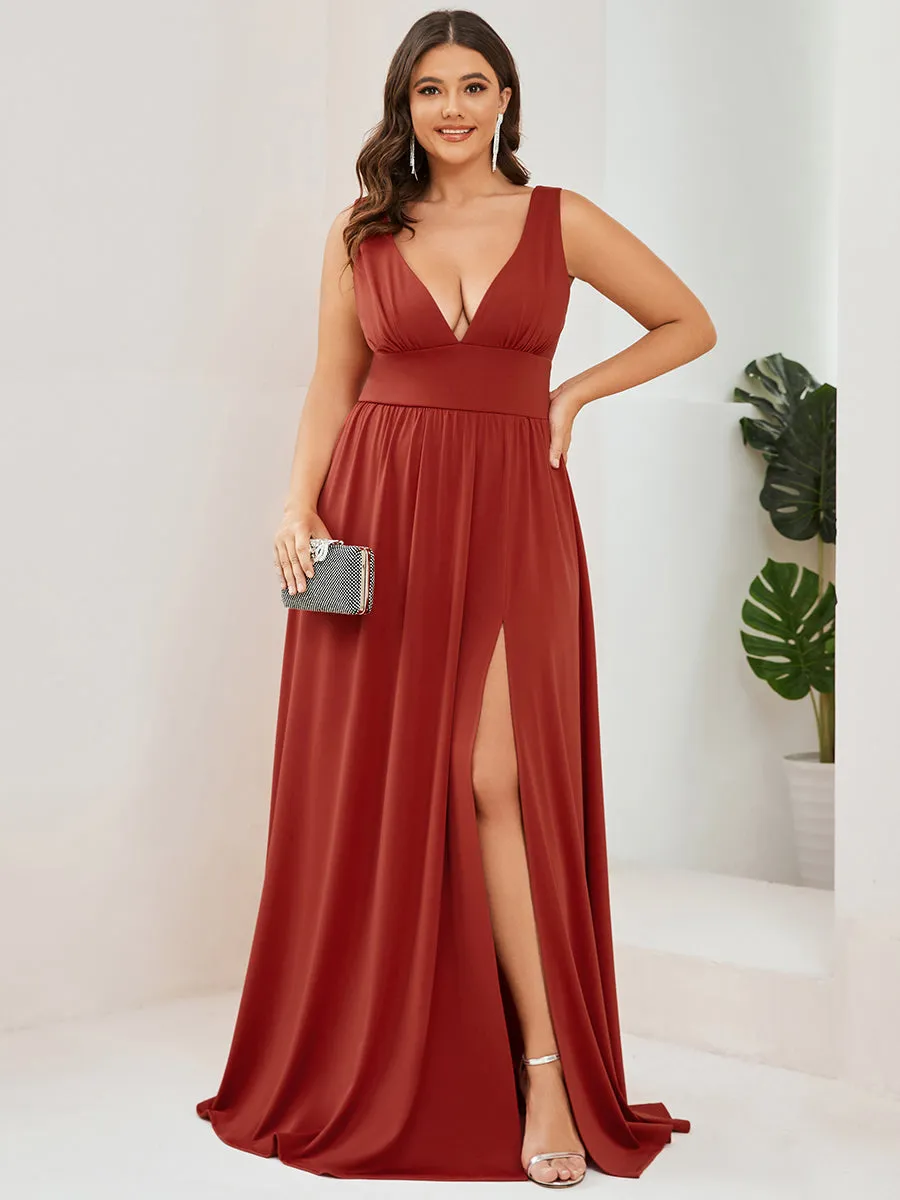 Plus Sleeveless Wholesale Bridesmaid Dresses with Deep V Neck and A Line