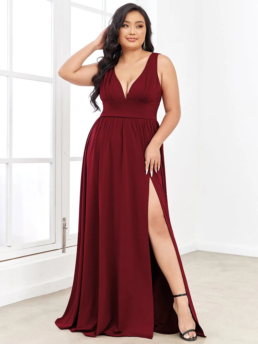 Plus Sleeveless Wholesale Bridesmaid Dresses with Deep V Neck and A Line