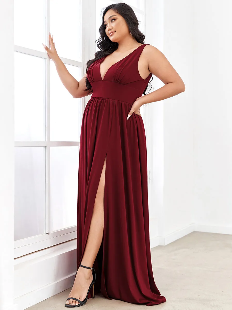 Plus Sleeveless Wholesale Bridesmaid Dresses with Deep V Neck and A Line