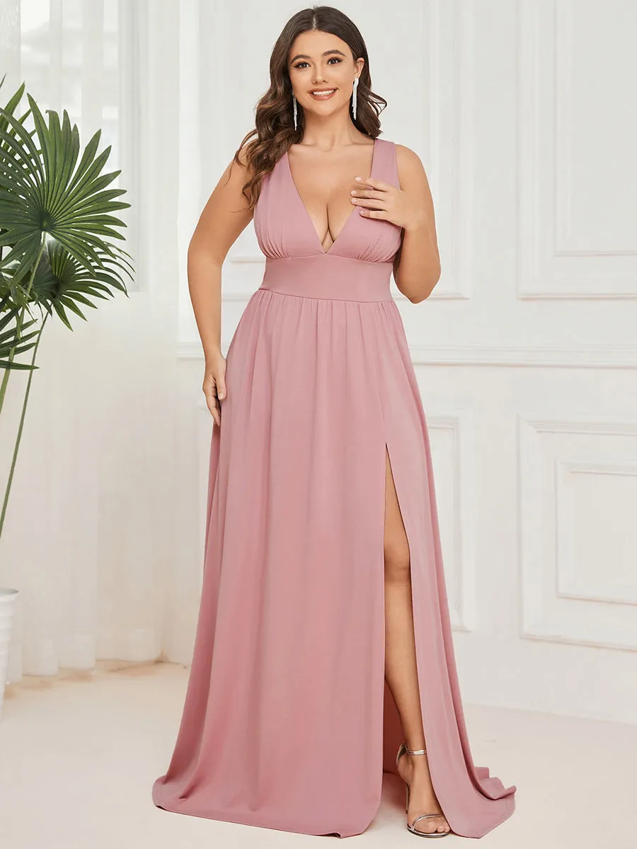 Plus Sleeveless Wholesale Bridesmaid Dresses with Deep V Neck and A Line