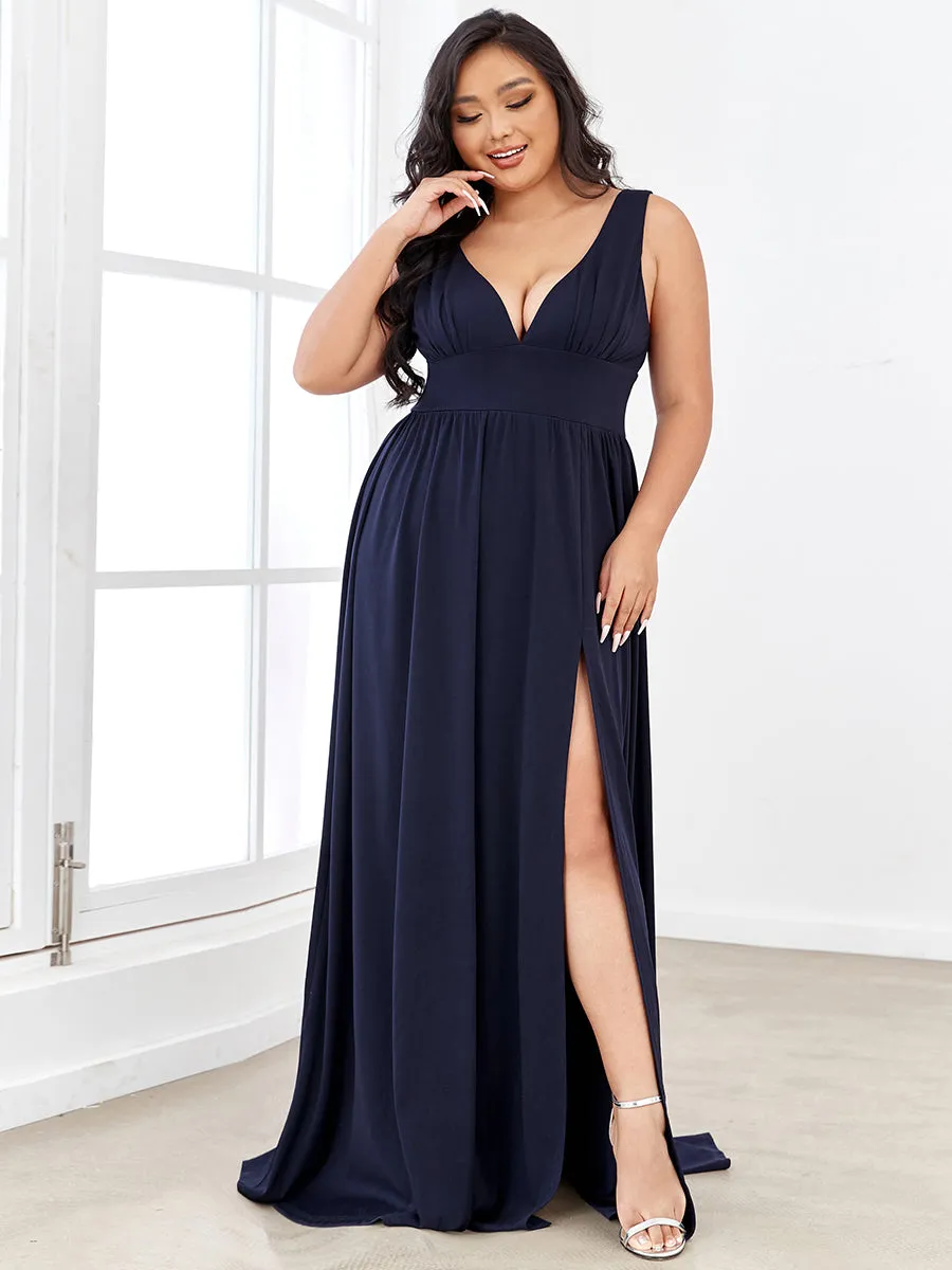 Plus Sleeveless Wholesale Bridesmaid Dresses with Deep V Neck and A Line