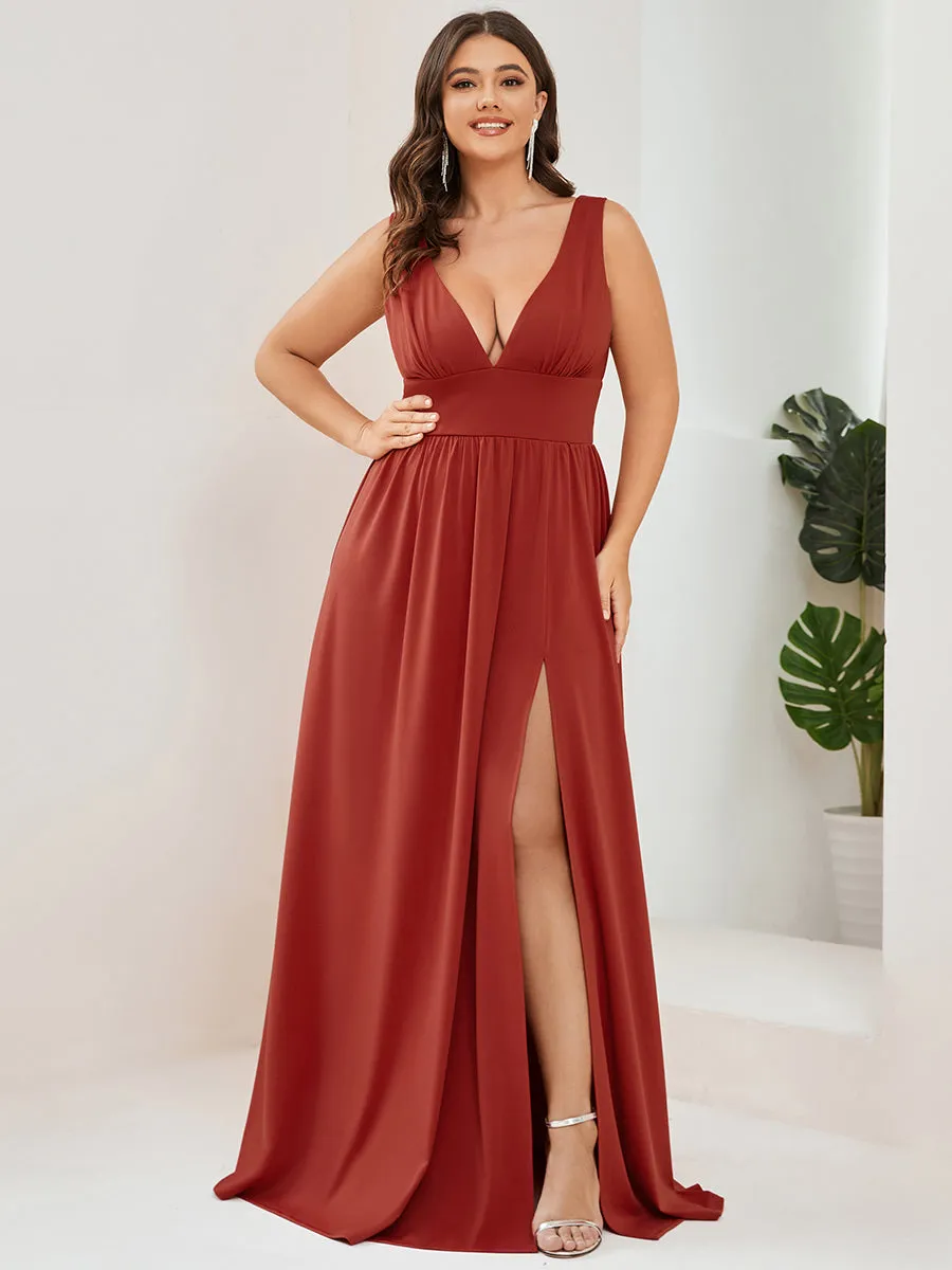 Plus Sleeveless Wholesale Bridesmaid Dresses with Deep V Neck and A Line