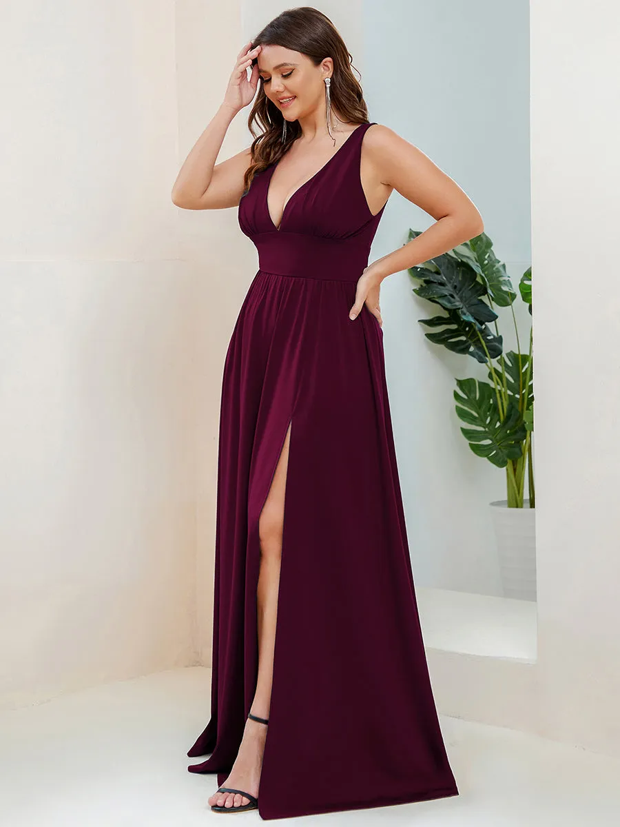 Plus Sleeveless Wholesale Bridesmaid Dresses with Deep V Neck and A Line